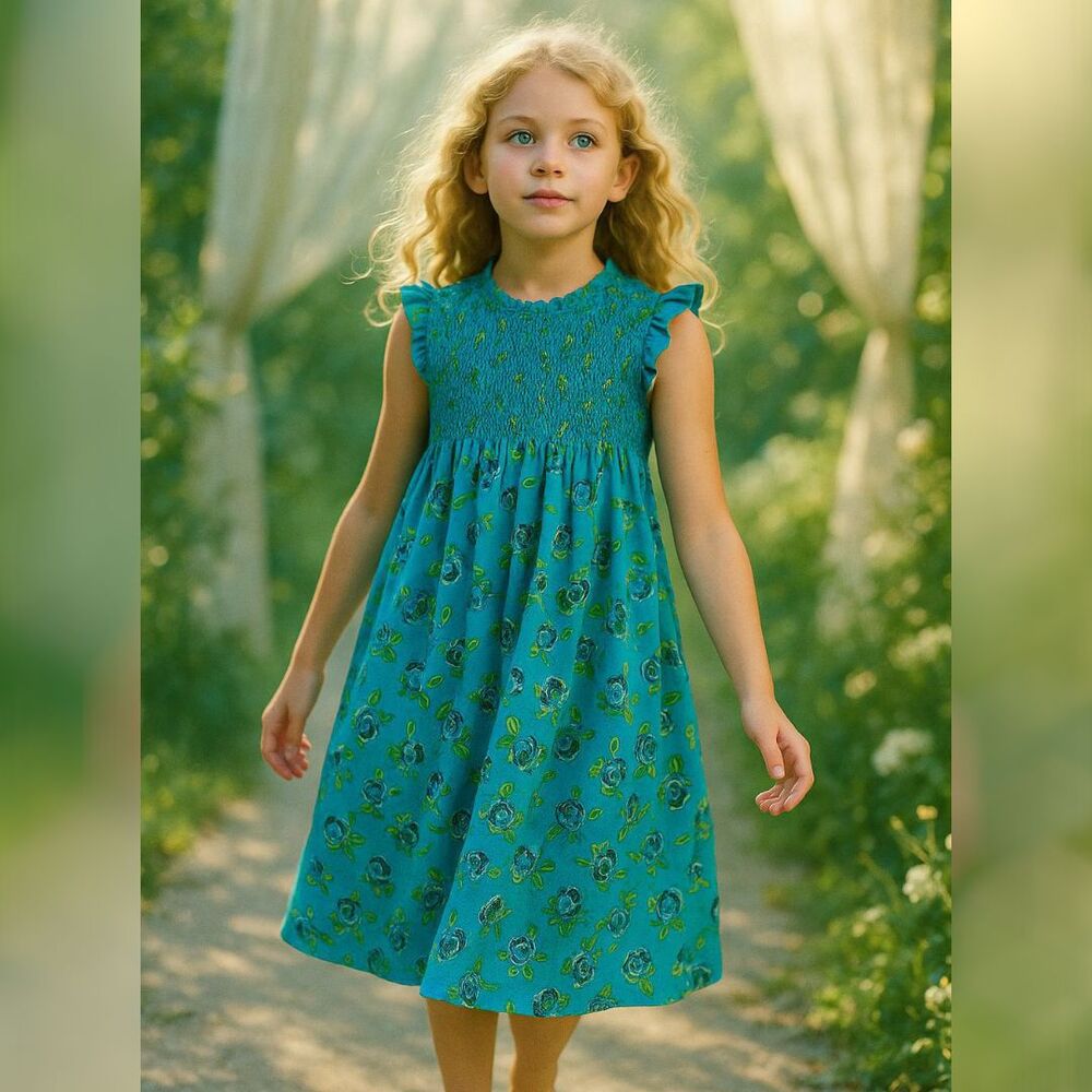 French Connection Girl L Blue Smocked Floral Dress Lined Sleeveless Cotton 14/16